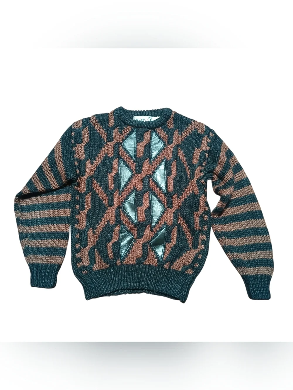 Vintage Retro Y2K Grandpa Sweater Knit Color Block Leather Chunky Fun Geo Style